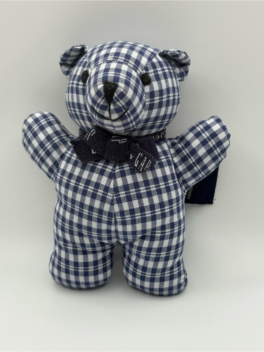 VTG Baby Gap Plaid Bear Blue White Rattle Stuffed Toy Embroidered Face Bow 6”